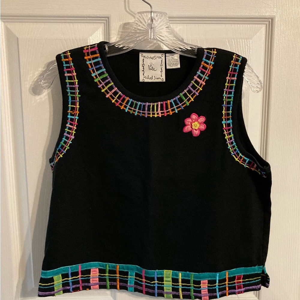 Michael Simon Black Top with Vibrant Embroidery